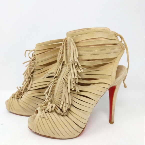 Christian Louboutin Deva Suede Fringe Tie Up Booties Size 36 - Picture 2 of 14